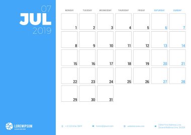 Takvim planlayıcısı için Temmuz 2019. Hafta Pazartesi günü başlar. Yazdırılabilir vektör ileti örneği tasarım şablonu