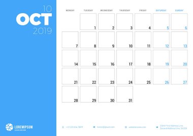 Ekim 2019 için takvim planlayıcısı. Hafta Pazartesi günü başlar. Yazdırılabilir vektör ileti örneği tasarım şablonu
