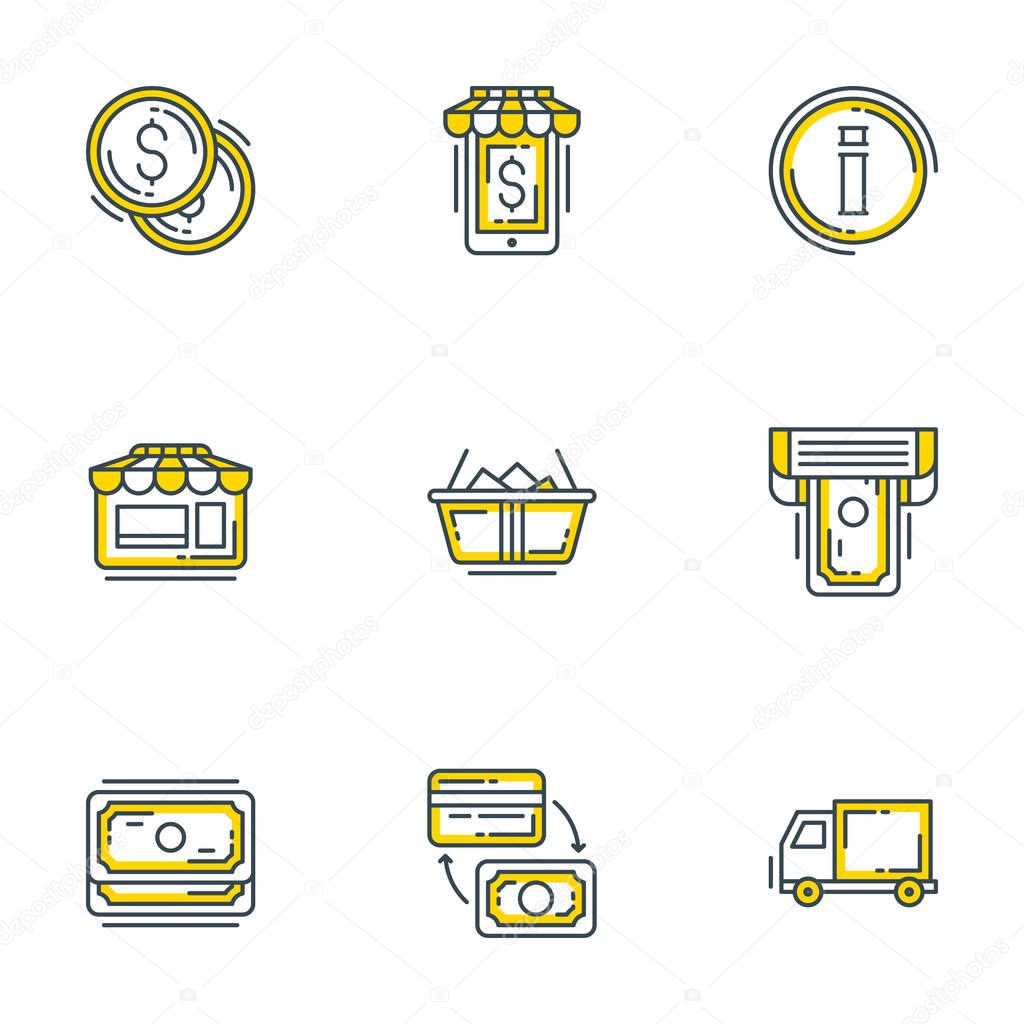 Set of 9 flat line business icons. Flat line illustration concept for web banner and printed materials. Vector illustration