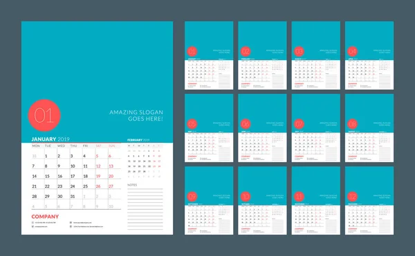Plantilla de calendario de pared para 2019 año. La semana comienza el lunes. Ilustración vectorial. 12 páginas — Vector de stock