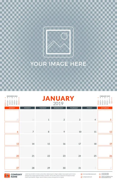 Шаблон планировщика календаря на 2019 год. Январь 2019 года. Неделя начинается в воскресенье. Векторная иллюстрация — стоковый вектор