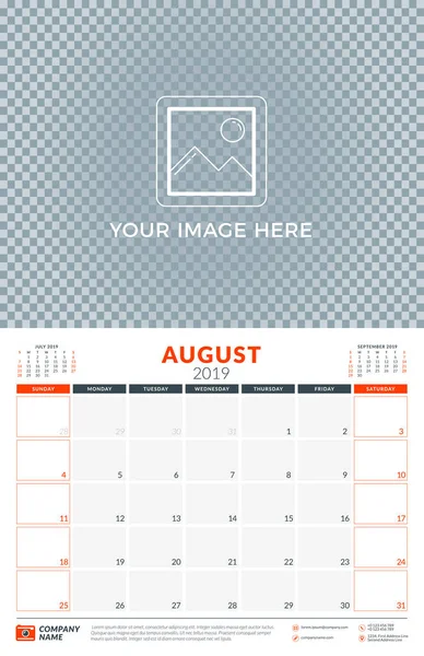 Wall calendar planner template for 2019 year. August 2019. Week starts on Sunday. Vector illustration — Stock Vector