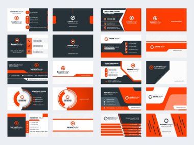 10 çift taraflı kartvizit şablonları kümesi. Kırmızı renk teması. Kırtasiye tasarımı. Vektör çizimi