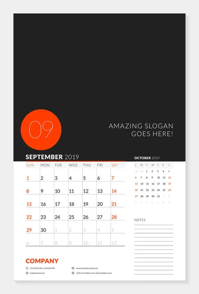 Muur kalender planner sjabloon voor 2019 jaar. 2 maanden op de pagina. September, oktober. Week begint op zondag. Vector illustratie — Stockvector