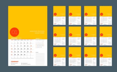 Duvar takvimi planlayıcısı şablonunu 2019 yıl için. Hafta Pazar günü başlar. Vektör çizim