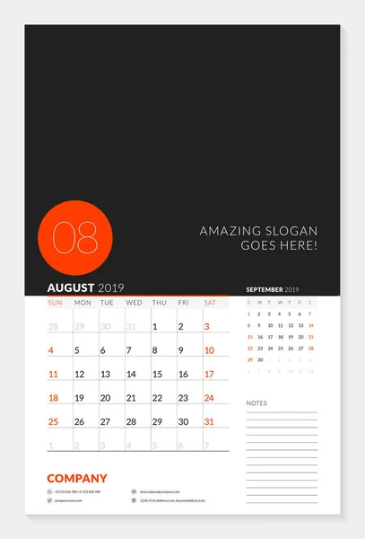 Wall calendar planner template for 2019 year. 2 months on the page. August, September. Week starts on Sunday. Vector illustration — Stock Vector