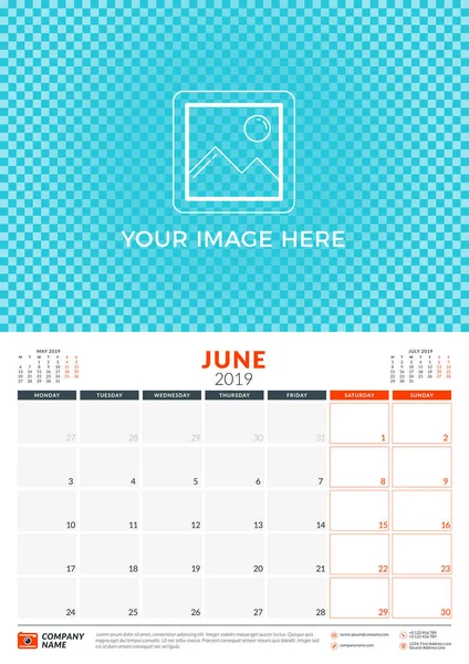 Wall kalender Planner mall för 2019 år. Juni 2019. Veckan börjar på måndag. Vektor illustration — Stock vektor