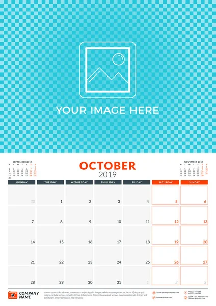 Wall kalender Planner mall för 2019 år. Oktober 2019. Veckan börjar på måndag. Vektor illustration — Stock vektor