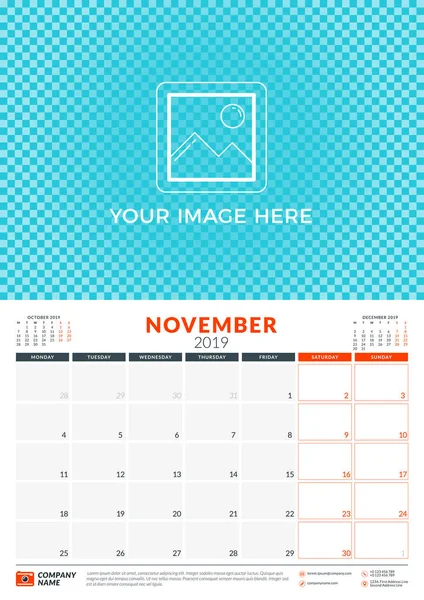 Wall kalender Planner mall för 2019 år. November 2019. Veckan börjar på måndag. Vektor illustration — Stock vektor