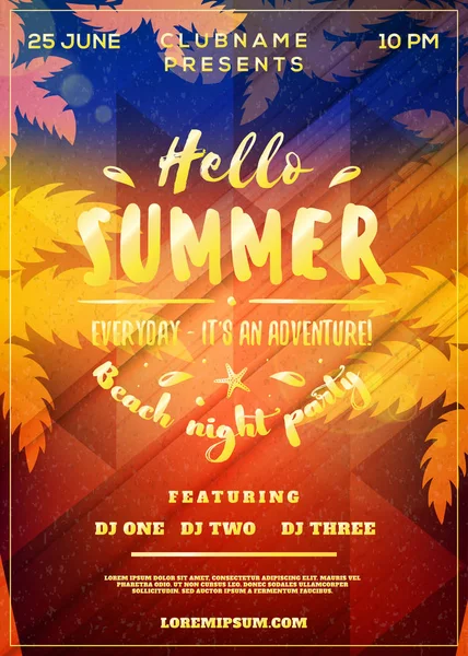 Summer Night Party Flyer eller affisch. Vektor formgivningsmall med färgglad abstrakt bakgrund — Stock vektor