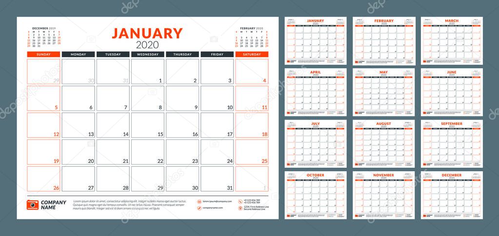 Calendar planner for 2020 year. Stationery design template. Vector illustration. Week starts on Sunday