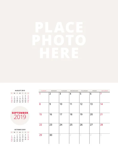 Wall calendar planner template for September 2019. Week starts on Sunday. Vector illustration. Stationery print design — Stock Vector