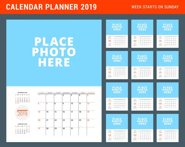 Wall kalender Planner mall för 2019 år. Veckan börjar på söndagen. Vektor illustration. Skrivpapper utskrifts design. Uppsättning 12 månader — Stock vektor
