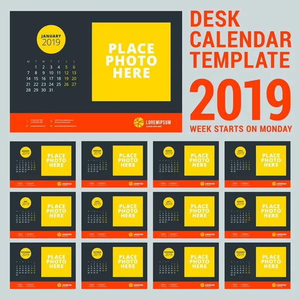 Kalender untuk tahun 2019. Templat desain kalender meja dengan tempat untuk foto. Minggu dimulai pada hari Senin. Ilustrasi vektor - Stok Vektor
