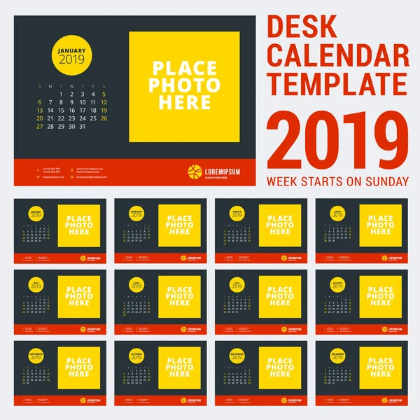 Kalender meja untuk tahun 2019. Desain templat dengan tempat untuk foto. Minggu dimulai pada hari Minggu. Ilustrasi vektor - Stok Vektor