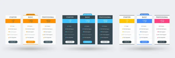 Szablon tabeli cenowej dla stron internetowych i aplikacji. Zestaw trzech różnych wariacji kolorystycznych. Plany cenowe Vector. Płaski styl ilustracji wektorowych — Wektor stockowy