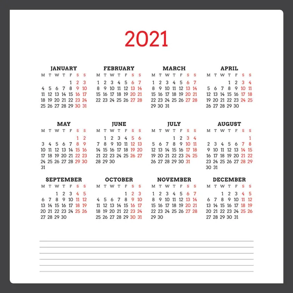 Kalendarz na 2021 rok. Tydzień zaczyna się w poniedziałek. Szablon do druku papeterii wektorowej — Wektor stockowy