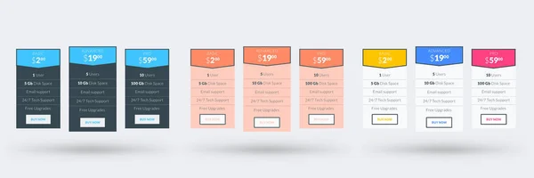 Pricing table design template for websites and applications. Set of three different color variations. Vector pricing plans. Flat style vector illustration — Stock Vector