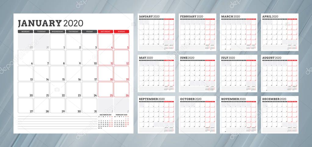 Calendar planner for 2020 year. Week starts on Monday. Set of 12 months. Printable vector stationery design template