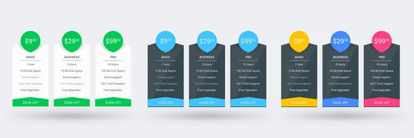 Pricing table design template for websites and applications. Set of three different color variations. Vector pricing plans. Flat style vector illustration — Stock Vector