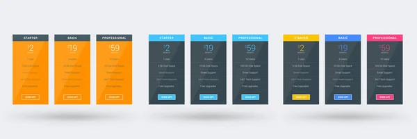 Różnice kolorów tabeli cenowej. Szablon planów cenowych dla stron internetowych i aplikacji. Ilustracja wektorowa — Wektor stockowy