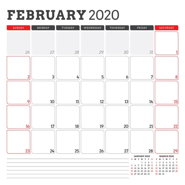 Calendário planejador para fevereiro 2020. A semana começa no domingo. Modelo de design de papelaria vetorial imprimível — Vetor de Stock