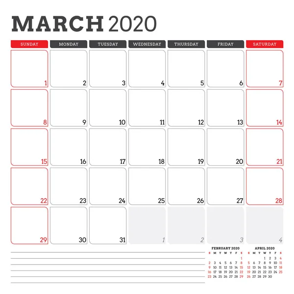 Προγραμματισμός ημερολογίου για την 2020 Μαρτίου. Η εβδομάδα ξεκινά την Κυριακή. Εκτυπώσιμη πρότυπο σχεδίασης διανυσματικών επιστολόχαρτων — Διανυσματικό Αρχείο