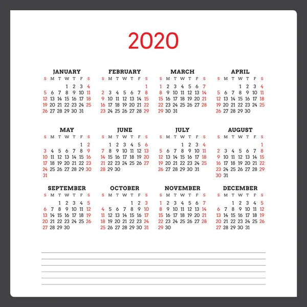 Calendario para 2020 año. La semana comienza el domingo. Plantilla de diseño de papelería vectorial imprimible — Vector de stock