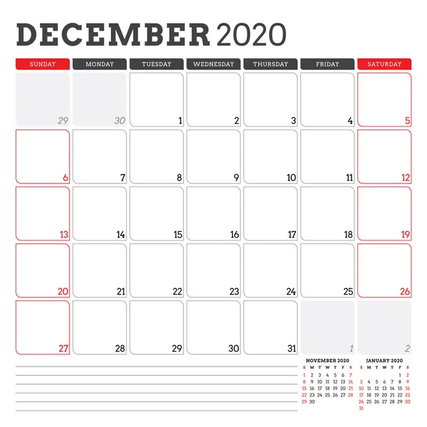 2020年12月のカレンダープランナー。週は日曜日から始まります。印刷可能なベクトルひな形のデザインテンプレート — ストックベクタ