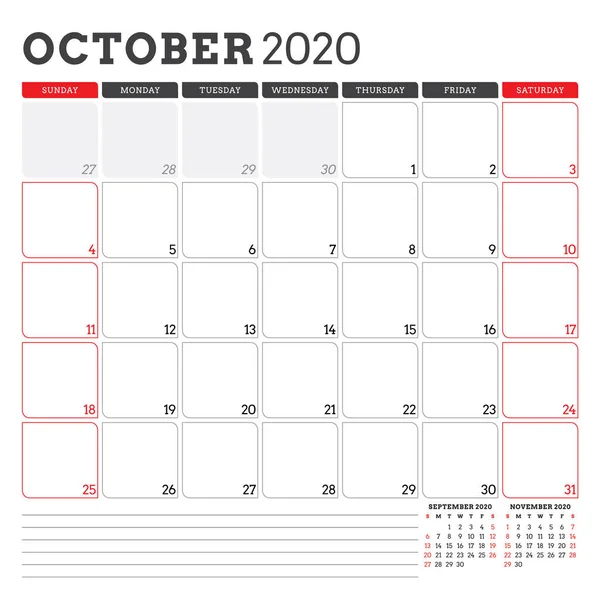 Agenda planner voor oktober 2020. Week begint op zondag. Afdrukbare vector briefpapier ontwerpsjabloon — Stockvector