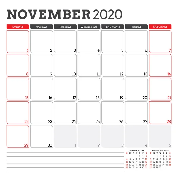 2020年11月のカレンダープランナー。週は日曜日から始まります。印刷可能なベクトルひな形のデザインテンプレート — ストックベクタ