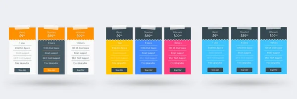 Pricing table design template for websites and applications. Set of three different color variations. Vector pricing plans. Flat style vector illustration — Stock Vector