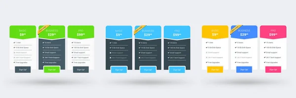 Pricing table design template for websites and applications. Set of three different color variations. Vector pricing plans. Flat style vector illustration — Stock Vector