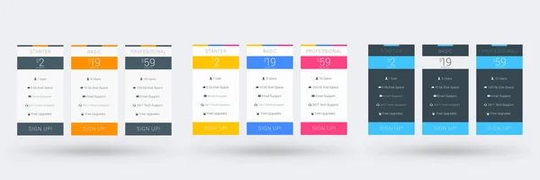 Pricing table design template for websites and applications. Set of three different color variations. Vector pricing plans. Flat style vector illustration — Stock Vector