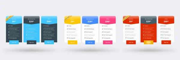 Pricing table design template for websites and applications. Set of three different color variations. Vector pricing plans. Flat style vector illustration — Stock Vector