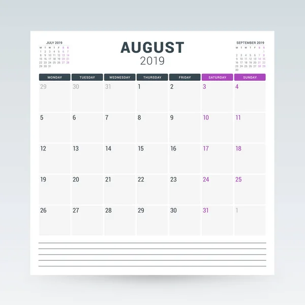 Kalenderplaner für August 2019. Schreibwaren-Design-Vorlage. Vektorillustration — Stockvektor