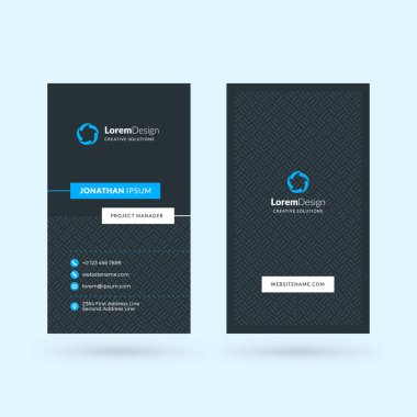 Dikey çift taraflı siyah ve mavi modern kartvizit şablonu. Vektör illüstrasyon. Kırtasiye tasarımı