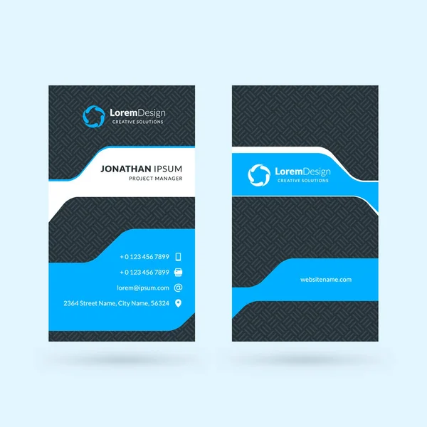 Plantilla de tarjeta de visita moderna en negro y azul de doble cara vertical. Ilustración vectorial. Diseño de papelería — Vector de stock