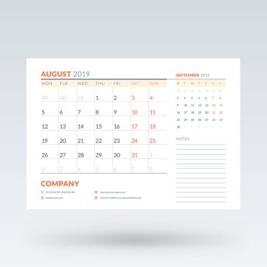 Ağustos 2019 takvim planlayıcısı. Kırtasiye tasarım şablonu. Vektör çizimi
