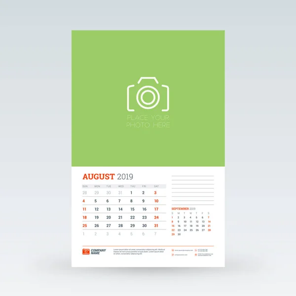 Kalender planerare för 2019 augusti. Mall för malldesign. Vektor illustration — Stock vektor