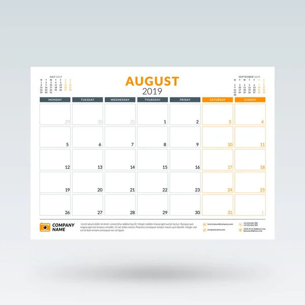 Calendrier planificateur pour août 2019. Modèle de conception de papeterie. Illustration vectorielle — Image vectorielle