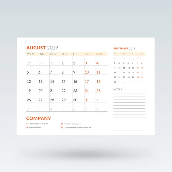 Planejador do calendário para agosto de 2019. Modelo de design de papelaria. Ilustração vetorial — Vetor de Stock