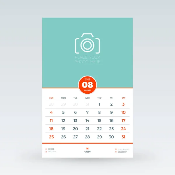 Calendar planner for August 2019. Stationery design template. Vector illustration — Stock Vector