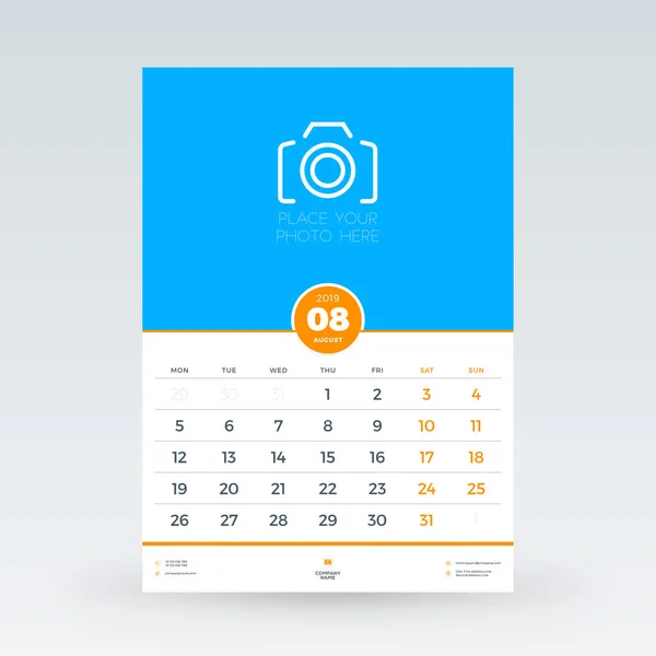 Planificador de calendario para agosto de 2019. Plantilla de diseño de papelería. Ilustración vectorial — Vector de stock