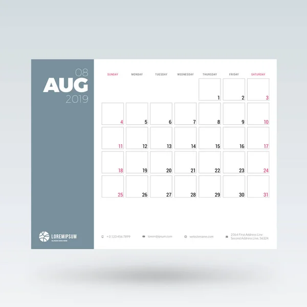 Kalender planerare för 2019 augusti. Mall för malldesign. Vektor illustration — Stock vektor