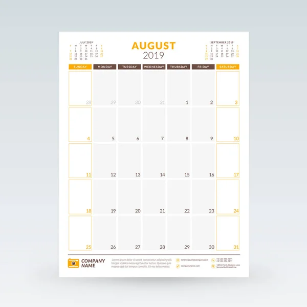 Calendar planner for August 2019. Stationery design template. Vector illustration — Stock Vector