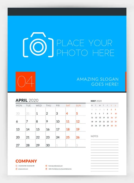 Wall calendar planner template for April 2020. Week starts on Monday. Typographic design template. Vector illustration — Stock Vector