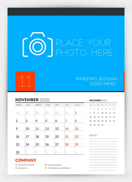Wall calendar planner template for November 2020. Week starts on Monday. Typographic design template. Vector illustration — Stock Vector