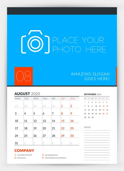 Wall calendar planner template for August 2020. Week starts on Monday. Typographic design template. Vector illustration — Stock Vector