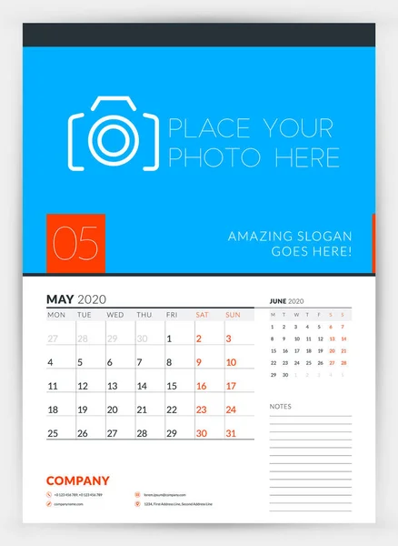 Wall calendar planner template for May 2020. Week starts on Monday. Typographic design template. Vector illustration — Stock Vector